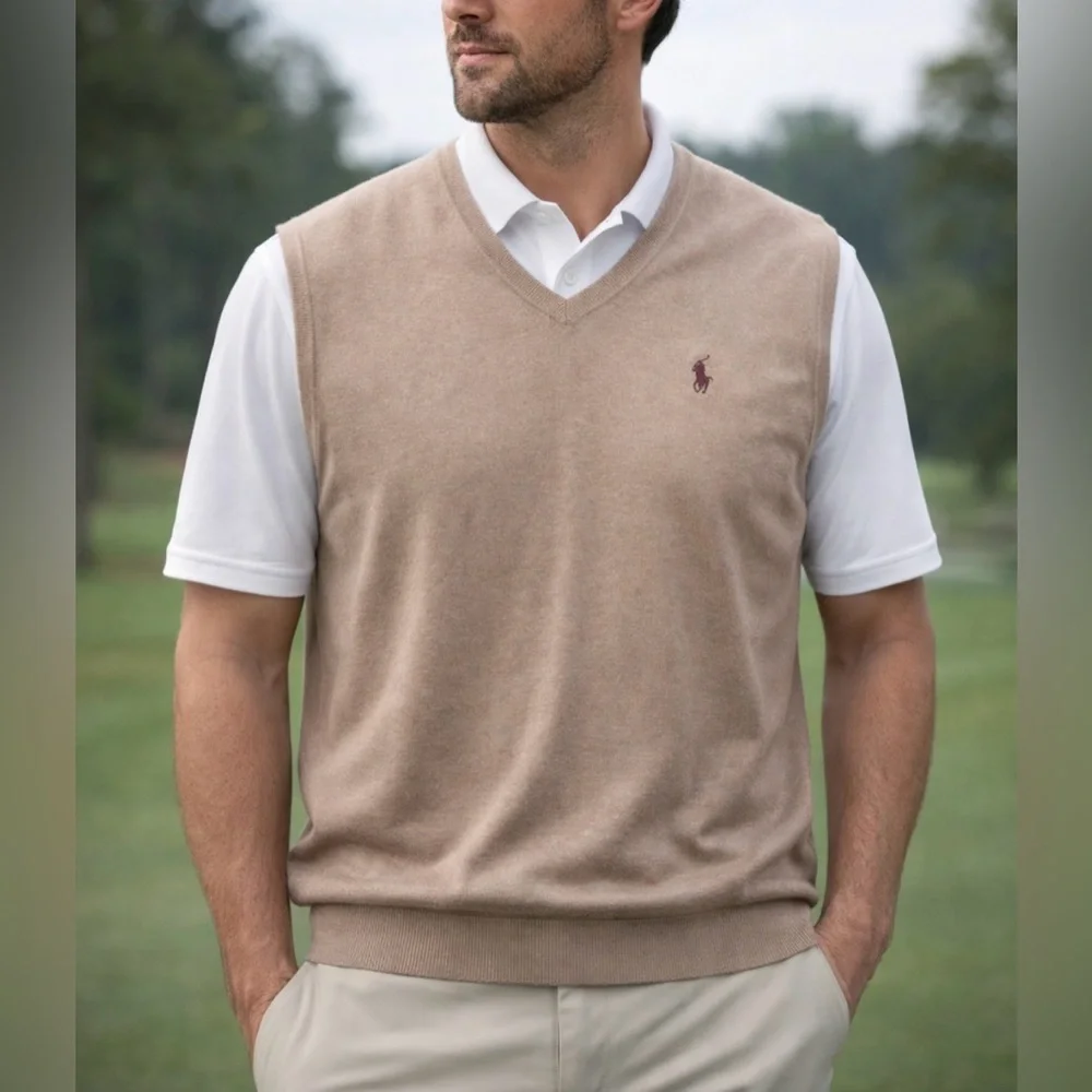-Polo by Ralph Lauren 100% Pima Cotton Vest Tan w/Maroon Rider Men's Size 3XL